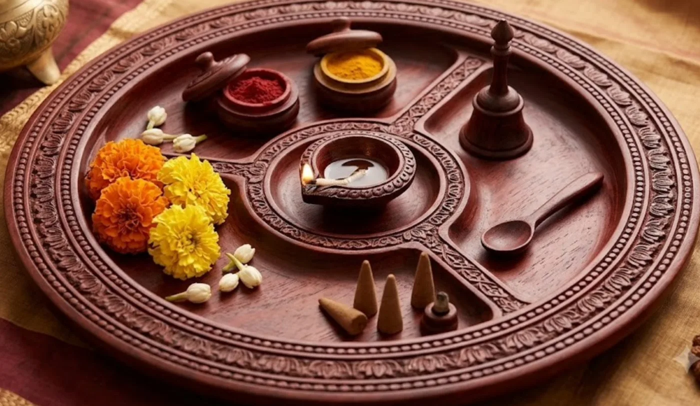 Red sandalwood Ornamental Pooja Thali & Ritual Accessories from the Arka Crimson catalogue