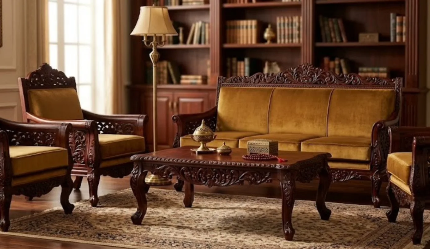 Red sandalwood Royal Imperial Sofa Set (3-Seater + 2 Armchairs) from the Arka Crimson catalogue